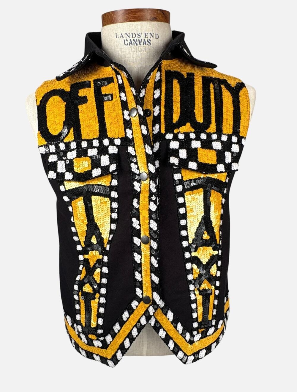 RARE VINTAGE Just Fabulous 1990s Sequined "Off Duty" NYC Taxi Cab Vest Large